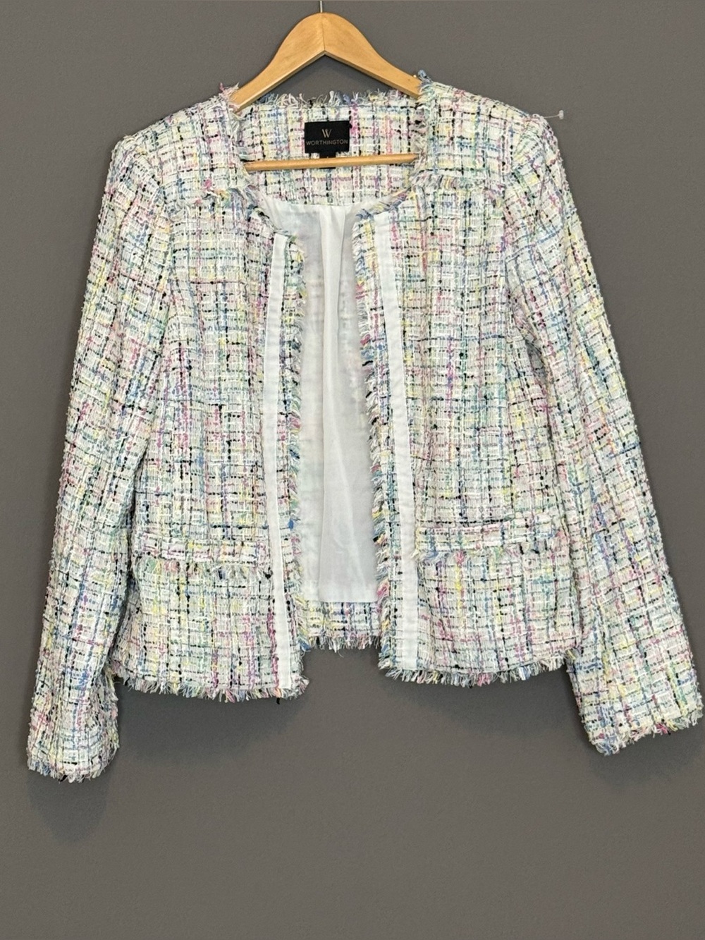 Worthington Bouclé Tweed Jacket Blazer Structured Shoulder Fringe Preppy Large